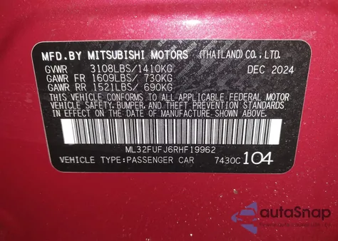 2024 Mitsubishi Mirage G4 Black Edition/Es/Le z USA, uszkodzony, nr VIN ML32FUFJ6RHF19962